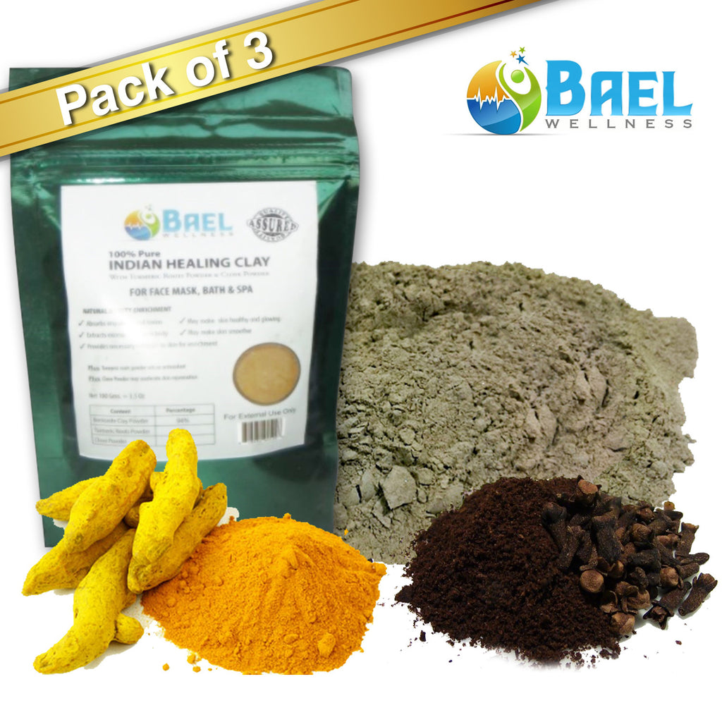 Bentonite Clay (Pack of 3) with Turmeric & Cloves Powder. Indian Healing Clay, Fullers Earth Powder for Facial Mask, Hair, Bath & Spa